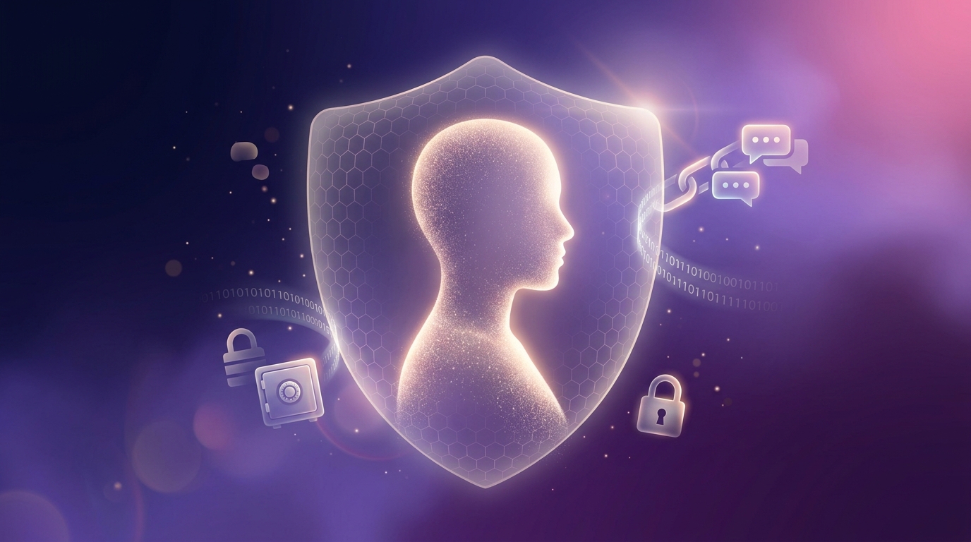 AI companion privacy — protective shield around glowing human silhouette