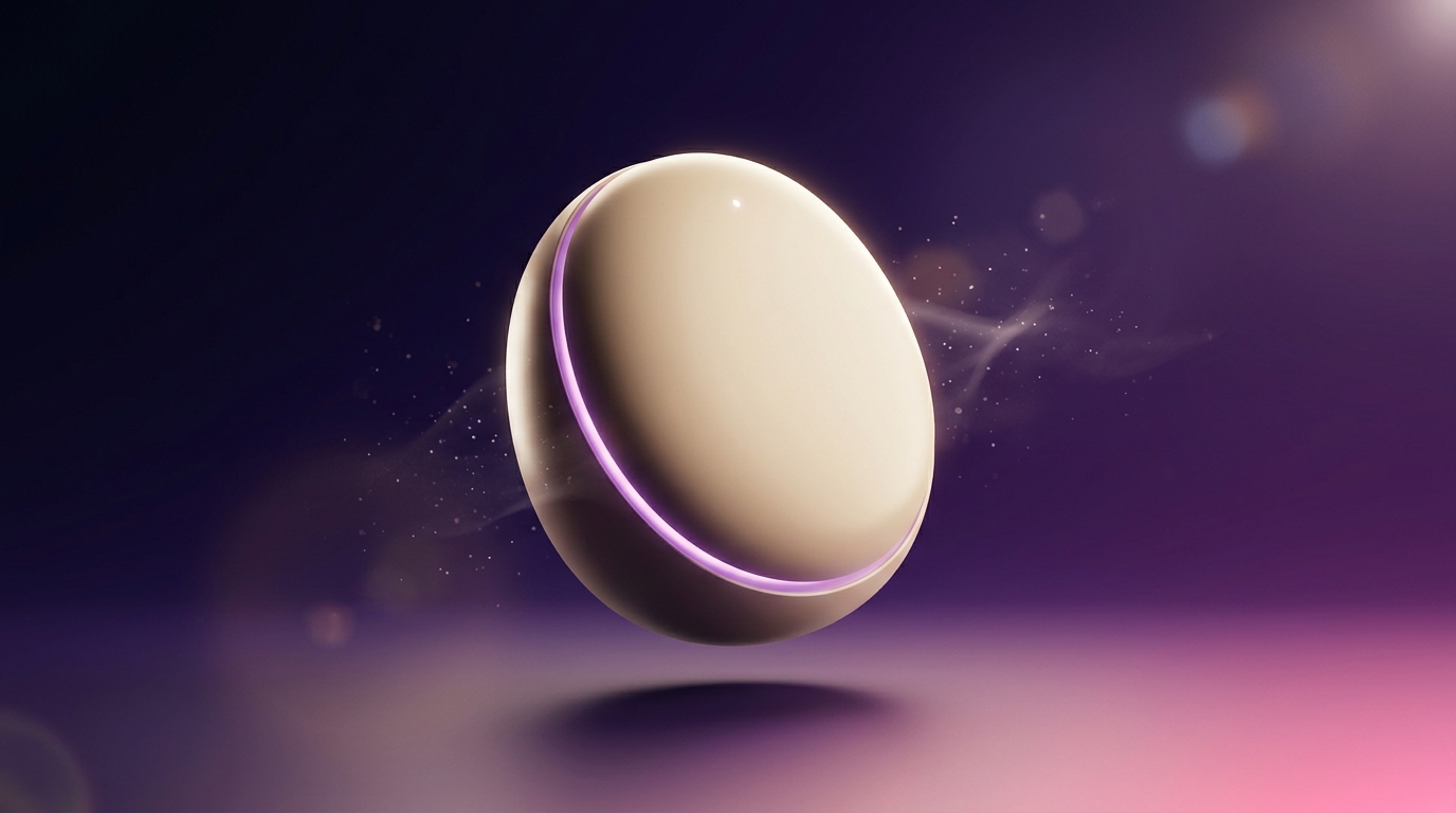 Tidal Seal — premium AI companion hardware device, palm-sized smooth pebble shape with warm purple accent ring